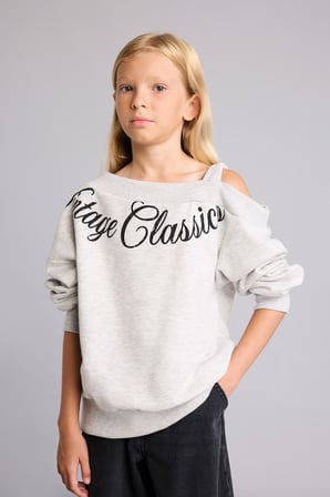 Asimetrik Omzu Açık Baskılı Sweatshirt Kız Çocuk
