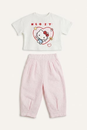 DeFacto Hello Kitty Lisanslı Kısa Kollu Tişört Esnek Belli Pantolon Alt 2'li Takım Kız Bebek H9634A526AUPN82