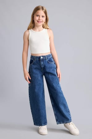 %100 Pamuk Baggy Fıt Jean Lacivert Pantolon Kız Çocuk