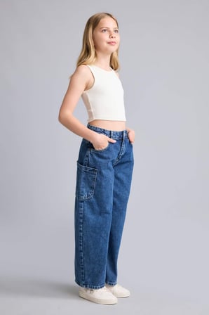 %100 Pamuk Baggy Fıt Jean Lacivert Pantolon Kız Çocuk
