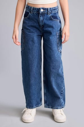 %100 Pamuk Baggy Fıt Jean Lacivert Pantolon Kız Çocuk