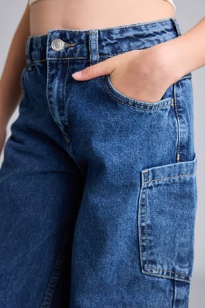 %100 Pamuk Baggy Fıt Jean Lacivert Pantolon Kız Çocuk
