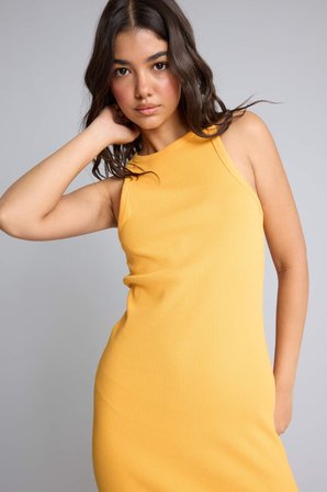Bodycon Vücudu Saran Halter Yaka Ribana Kolsuz Açık Mavi Maxi Elbise