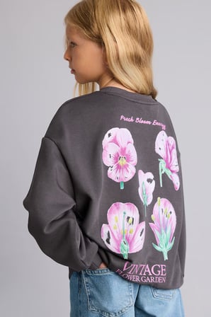 Relax Fıt Bisiklet Yaka Floral Sweatshirt Kız Çocuk