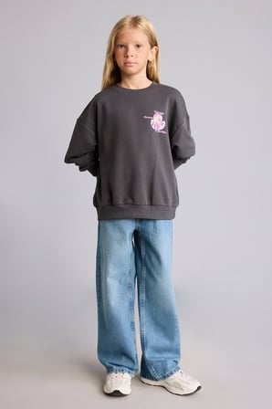 Relax Fıt Bisiklet Yaka Floral Sweatshirt Kız Çocuk