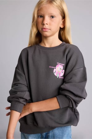 Relax Fıt Bisiklet Yaka Floral Sweatshirt Kız Çocuk