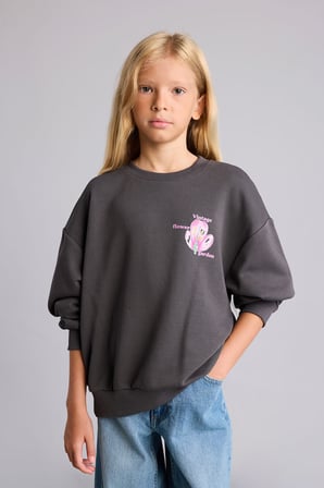 Relax Fıt Bisiklet Yaka Floral Sweatshirt Kız Çocuk