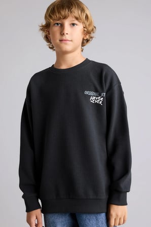 Oversıze Bisiklet Yaka Waffle Sweatshirt Erkek Çocuk