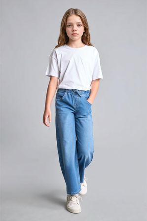 Beli Lastikli Wide Leg Kız Çocuk Jean Pantolon