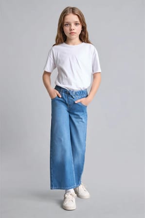 Beli Lastikli Wide Leg Kız Çocuk Jean Pantolon