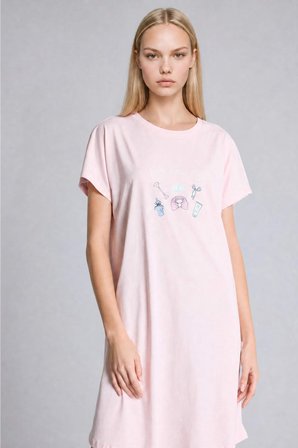 DeFacto %100 Pamuk Regular Fıt Bisiklet Yaka Kısa Kollu Açık Pembe Gecelik H6940AX26SMPN648
