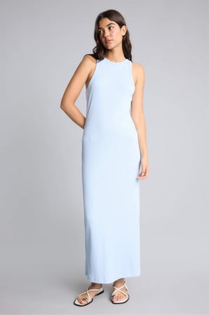 Bodycon Vücudu Saran Halter Yaka Ribana Kolsuz Siyah Maxi Elbise