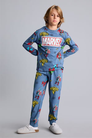 %100 Pamuk Marvel Comics Baskılı Uzun Kollu Üst Lastikli Paça Alt Pijama Takımı Erkek Çocuk
