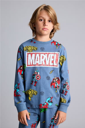 %100 Pamuk Marvel Comics Baskılı Uzun Kollu Üst Lastikli Paça Alt Pijama Takımı Erkek Çocuk