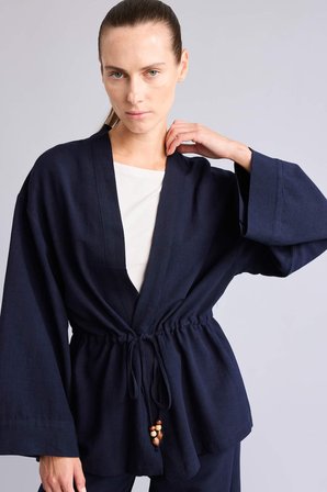 Keten Karışımlı Relax Fıt V YakaUzun Kollu Yeşil Kimono