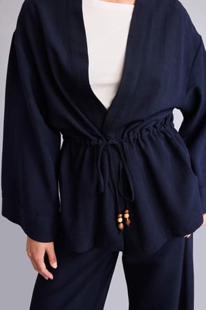 Keten Karışımlı Relax Fıt V YakaUzun Kollu Yeşil Kimono