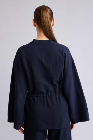 Keten Karışımlı Relax Fıt V YakaUzun Kollu Yeşil Kimono