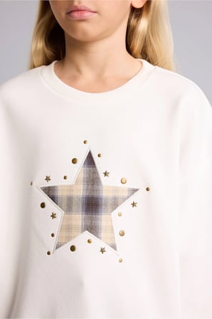 Relax Fit Bisiklet Yaka Yıldız Detaylı Uzun Kollu Sweatshirt Kız Çocuk