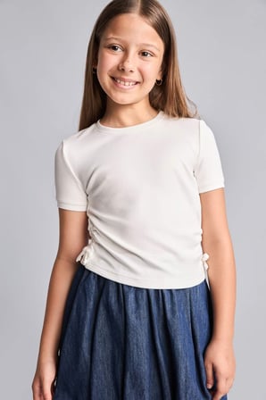 Bisiklet Yaka Penye Kısa Kollu Tişört Kız Çocuk