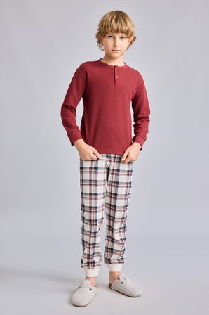 DeFacto Regular Fit Henley Yaka Waffle Üst Ekose Alt 2'li Pijama Takımı Erkek Çocuk I1444A826AUBR281
