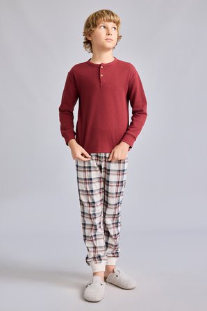 DeFacto Regular Fit Henley Yaka Waffle Üst Ekose Alt 2'li Pijama Takımı Erkek Çocuk I1444A826AUBR281