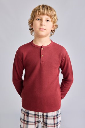 DeFacto Regular Fit Henley Yaka Waffle Üst Ekose Alt 2'li Pijama Takımı Erkek Çocuk I1444A826AUBR281