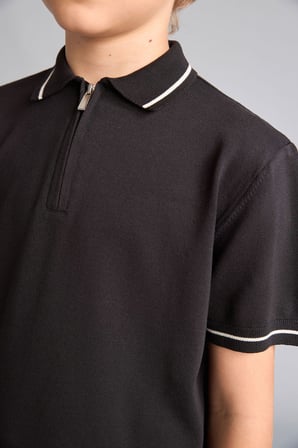 Polo Yaka Şerit Detaylı Yarım Fermuarlı Triko Basic Tişört Erkek Çocuk