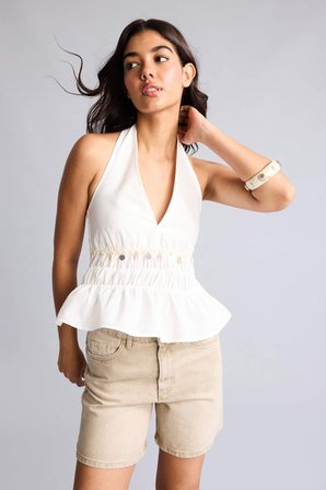 Fıtted Halter Yaka Vual Kolsuz Beyaz Bluz
