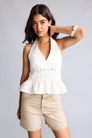 Fıtted Halter Yaka Vual Kolsuz Beyaz Bluz