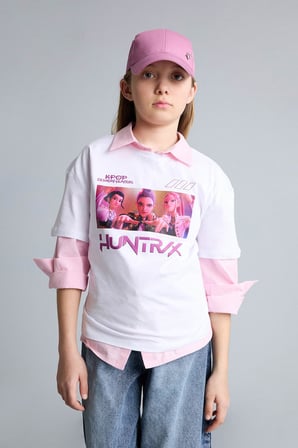 DeFacto %100 Pamuk Kpop - Demon Hunters Oversıze Bisiklet Yaka Kısa Kollu Tişört Kız Çocuk H5249A826SMER105