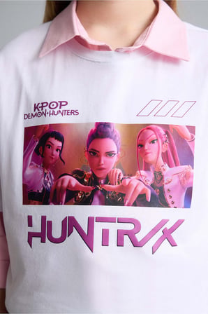 DeFacto %100 Pamuk Kpop - Demon Hunters Oversıze Bisiklet Yaka Kısa Kollu Tişört Kız Çocuk H5249A826SMER105