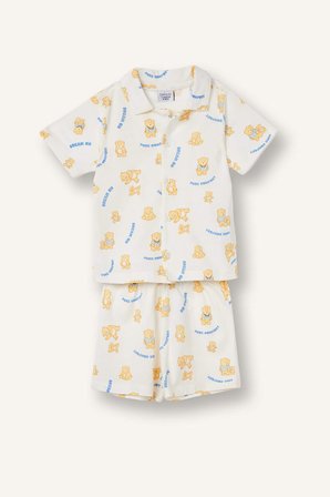 DeFacto %100 Pamuk Regular Fıt 2'li Ayıcıklı Beyaz Pijama Takımı Erkek Çocuk H5379A526HSER118