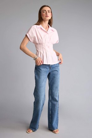 DeFacto %100 Pamuk Fıtted Ceket Yaka Poplin Kısa Kollu Açık Pembe Gömlek F9335AX26AUPN648