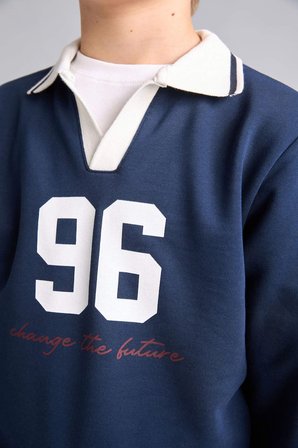 DeFacto Oversıze Gömlek Yaka Kolej Baskılı Lacivert Sweatshirt Erkek Çocuk H9832A826AUNV241