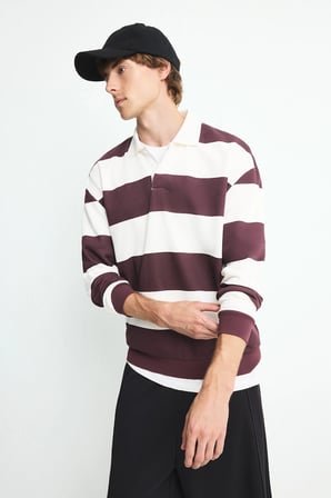 Defacto F0857AXBR150 Bordo Boxy Fit Rahat Kesim Polo Yaka Düğmeli Çizgili Sweatshirt