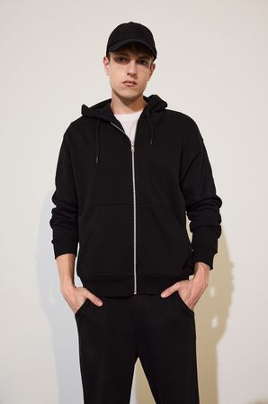 Relax Fit Kapüşonlu İçi Yumuşak Tüylü Kanguru Cepli Fermuarlı Sweatshirt