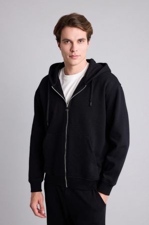Relax Fit Kapüşonlu İçi Yumuşak Tüylü Kanguru Cepli Fermuarlı Sweatshirt