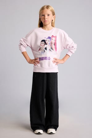 Kpop Demon Hunters Baskılı Relax Fit Bisiklet Yaka Sweatshirt Kız Çocuk