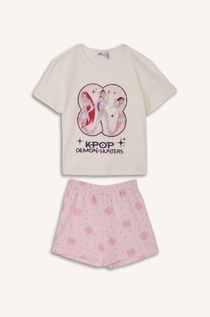 DeFacto Kpop - Demon Hunters Lisanslı Regular Fıt Elastik Bel 2'li Ecru Pijama Takımı Kız Çocuk H8098A826SMER105