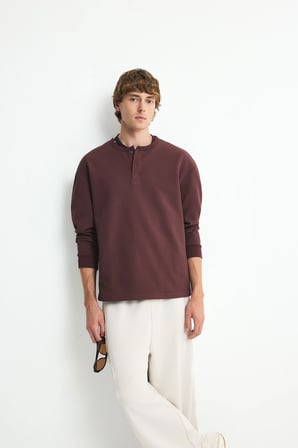 Boxy Fıt Bisiklet Yaka Baskılı Waffle Sweatshirt