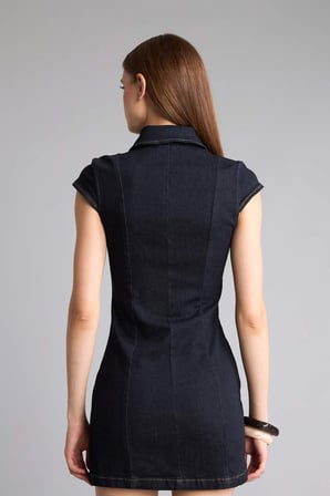 DeFacto Gömlek Yaka Fermuarlı İndigo Mini Jean Elbise H6340AX26AUNM82