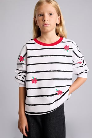 Relax Fit Çizgili Çiçekli Bisiklet Yaka Uzun Kollu Sweatshirt Kız Çocuk