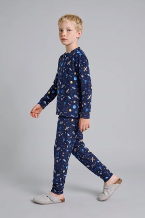 Uzay Baskılı Uzun Kollu Üst Lastikli Paça 2'li Pijama Takımı Erkek Çocuk