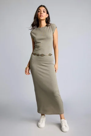 Bodycon Vücudu Saran Dik Yaka Modal Kısa Kollu Maxı Elbise