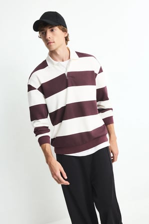 Boxy Fıt Polo Yaka Çizgili Sweatshirt