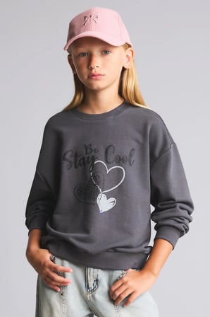 Relax Fit Bisiklet Yaka Baskılı Uzun Kollu Sweatshirt Kız Çocuk