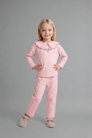Fırfırlı Yaka Detaylı 2'li Açık Pembe Takım Kız Bebek