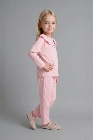 Fırfırlı Yaka Detaylı 2'li Açık Pembe Takım Kız Bebek