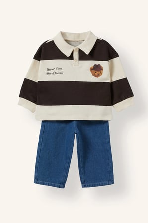 %100 Pamuk Çizgili Polo Yaka Ayı Desenli Sweatshirt ve Pantolon 2'li Takım Erkek Bebek