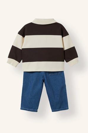 %100 Pamuk Çizgili Polo Yaka Ayı Desenli Sweatshirt ve Pantolon 2'li Takım Erkek Bebek